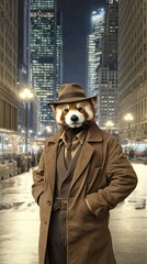 A red panda detective in a bustling city at night, donning a stylish hat and trench coat