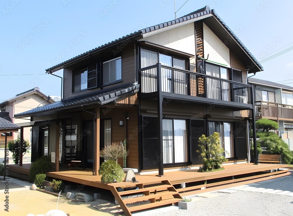 Wall mural Modern Japanese Style Home with Wooden Deck and Balcony