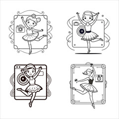 Fototapeta premium Clipart Coloring Page: Charming Ballet Dancer in Retro Camera Frame, Mid-Leap with Flowing Tutu and Ribbons, Easy and Fun Design for All Ages