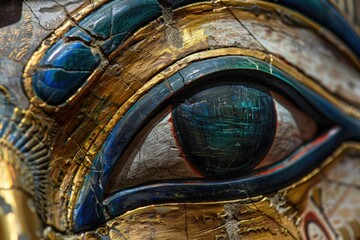 Ancient egyptian eye of horus is watching you from golden mask with blue and golden details