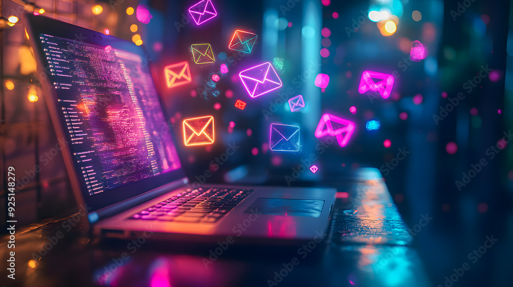 Poster glowing laptop computer with colorful envelope email icons floating in a dark abstract neon backdrop
