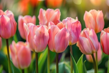 Beautiful pink tulips are growing in a garden illuminated by the spring sunlight