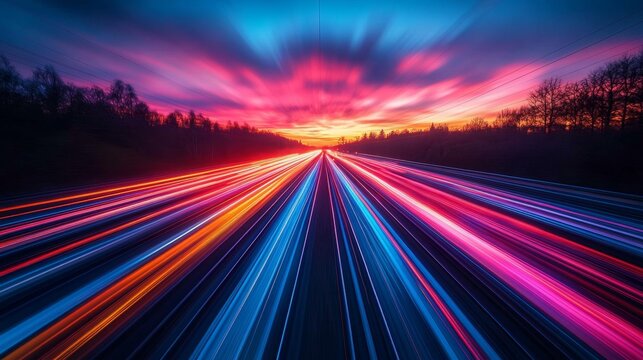 Speeding light trails on a highway at dusk - generative ai