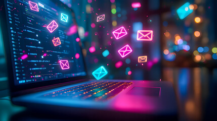 Vibrant laptop screen displaying a digital landscape with glowing email icons symbolizing modern communication data processing and technological innovation in the online world