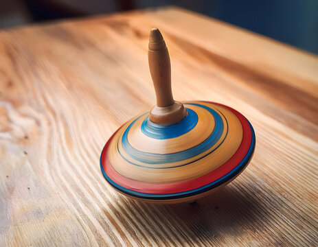 Colorful wooden spinning top on table