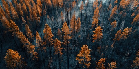 Aerial view of charred pine forest following wildfire