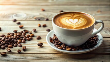 Obraz premium Warm, creamy latte in a delicate ceramic cup adorned with intricate heart-shaped latte art, set against a soft, creamy background with subtle coffee beans.