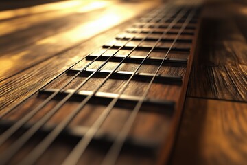 Close-up of a wooden guitar fretboard with intricate details