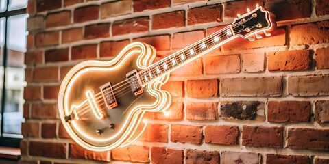 Neon musical guitar hanging on the wall