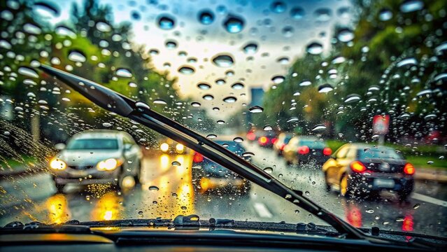 Water droplets form a misty veil on the windshield as worn-out wiper blades struggle to clear the glass on a rainy day.