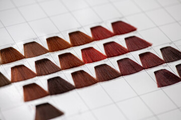 Set of hair samples with different colorful red color shade.  Close-up of hair color palette with a wide range of color swatches. Hair color samples choice chart for dying hair.  Selective focus.