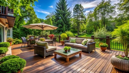Obraz premium Weathered Ipe deck surrounded by lush greenery and outdoor furniture, perfect for relaxation and entertainment on a sunny afternoon in a serene backyard setting.