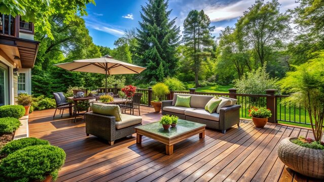 Weathered Ipe deck surrounded by lush greenery and outdoor furniture, perfect for relaxation and entertainment on a sunny afternoon in a serene backyard setting.