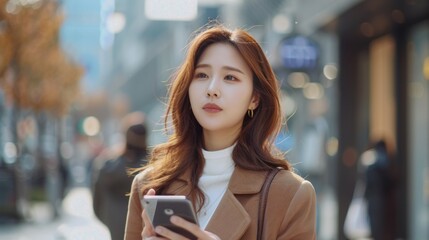 A young woman with flowing hair gazes thoughtfully at her phone while strolling through a vibrant urban environment filled with trees
