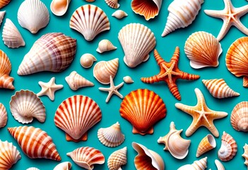 Obraz premium Seashells of various types on a blue background, shell, sea, seashell, beach, isolated, shells