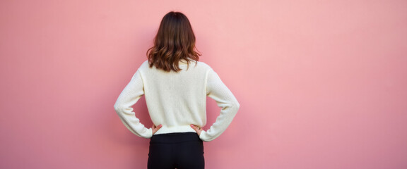 A woman standing in front of a pink wall wearing a white sweater and black leggings with her hands on her hips.