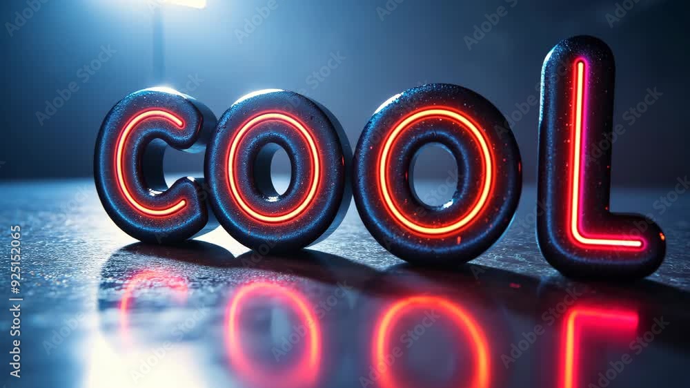 Poster creative inflatable neon lettering art display featuring the word cool with vibrant colors and refle