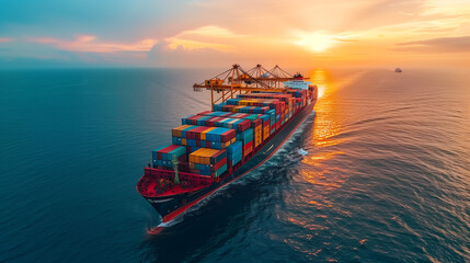 Cargo ship sailing at sunset with colorful containers