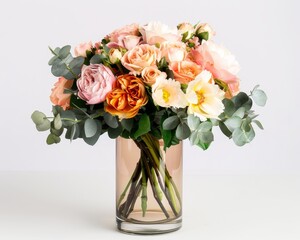 Naklejka premium A beautiful bouquet of peach, pink, and cream roses in a clear glass vase. The flowers are surrounded by eucalyptus leaves.