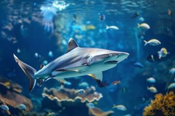 Fototapeta premium Shark swimming in a beautiful tropical aquarium. Underwater marine life captured in vibrant, vivid colors. Perfect for educational, nature, and wildlife purposes. Generative AI