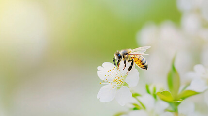 "A close-up macro of a honey bee delicately perched on a blooming white cherry blossom flower, showcasing the intricate details of the bee's wings and the flower's petals, against a soft green backdro