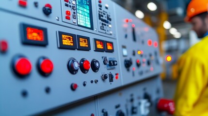 A close-up view of industrial control panel with buttons and displays, showcasing engineering and technology in a working environment.