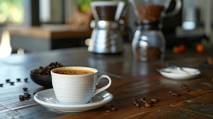 Fototapeta premium A photo of a freshly brewed cup of coffee on a table, with a coffee pot and beans in the background, photostock style,generative ai