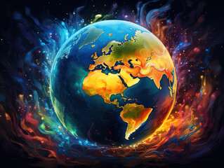 Obraz premium A planet with a colorful sky and a planet with a moon in the background