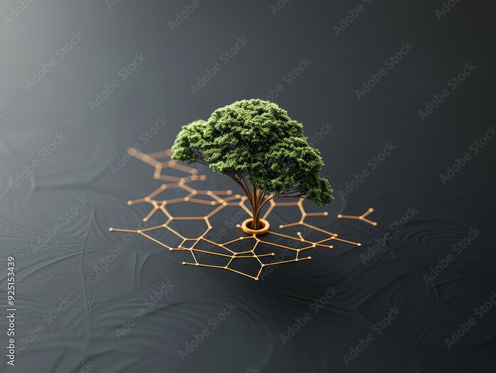 Poster a conceptual tree model on a dark background, symbolizing nature and technology integration through 