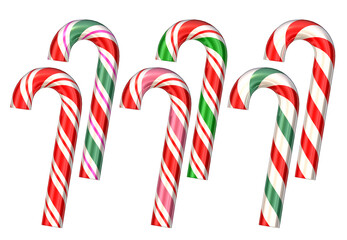 An array of Christmas candy cane candies with red, green, pink and white stripes melting together in a swirl of colors. 3D illustration 