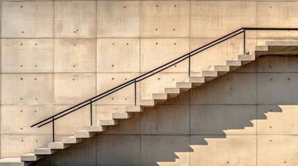 Modern abstract gray concrete stairs with a black handrail creating dynamic shadows on a sunny day