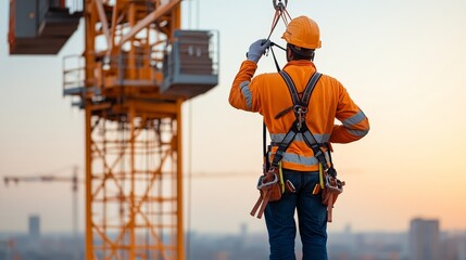 A construction worker in safety gear operates a crane at sunset, showcasing the importance of safety in the construction industry.