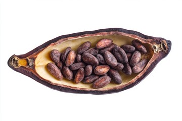 Obraz premium A close-up view of a cocoa pod with beans. This rich and natural ingredient is essential for chocolate lovers. Discover its beauty and purpose in culinary arts. Generative AI