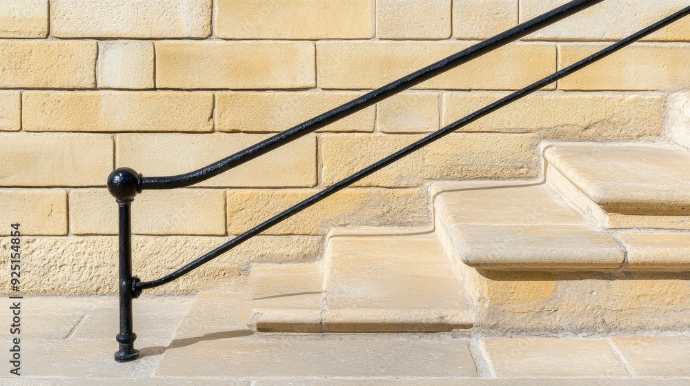 Poster modern abstract gray concrete stairs with a black handrail creating dynamic shadows on a sunny day