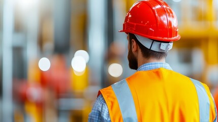 A construction worker wearing a hard hat and safety vest, overseeing operations in a busy industrial environment.