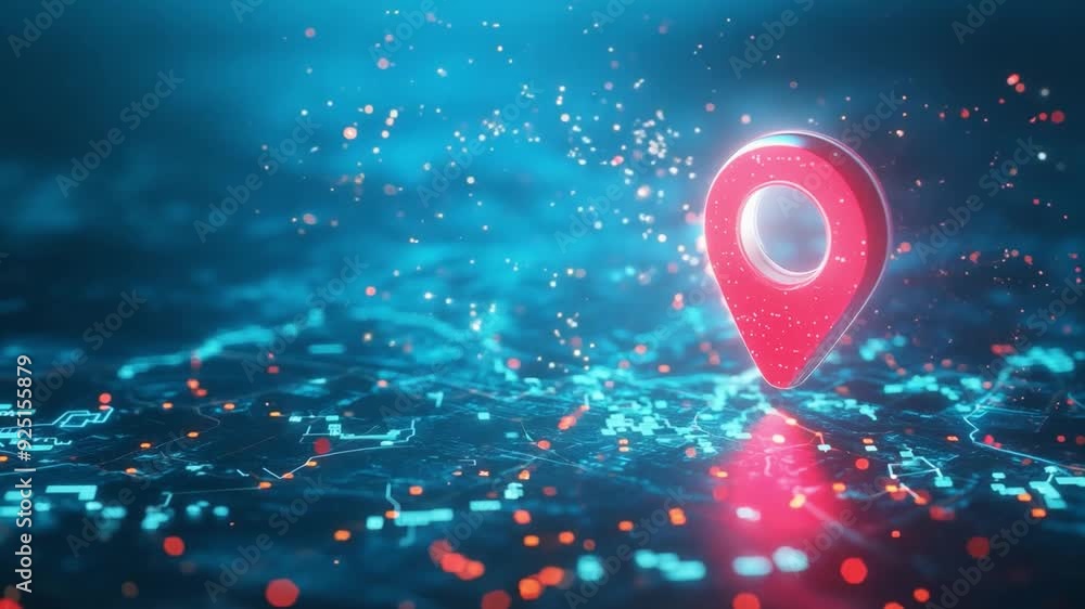 Poster a vibrant red navigation pin marks a specific location on a luminous map, surrounded by sparkling li
