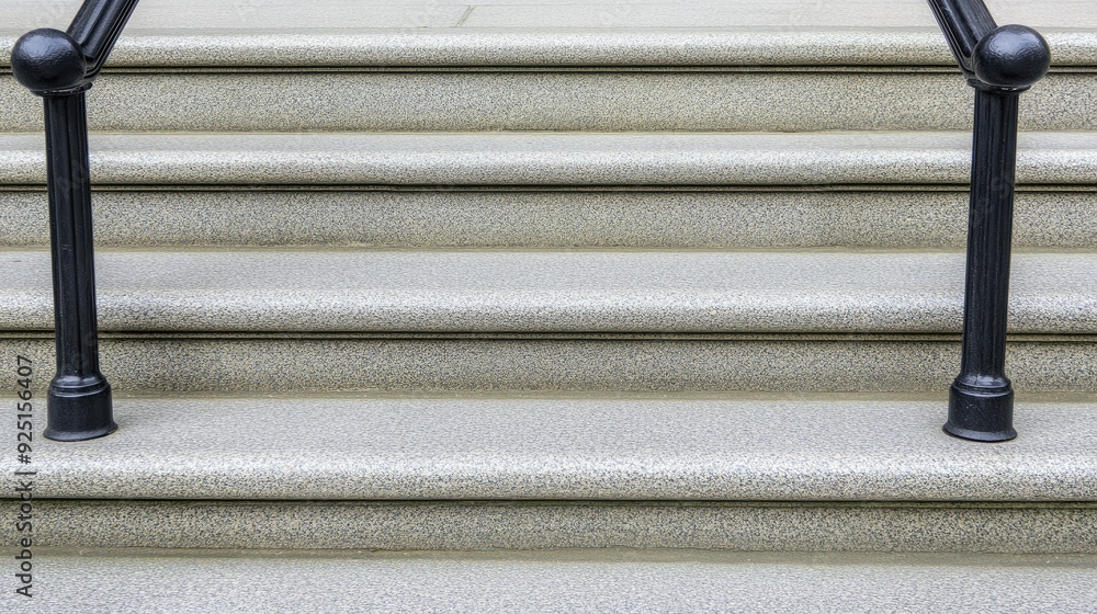 Poster modern abstract gray concrete stairs with a black handrail creating dynamic shadows on a sunny day