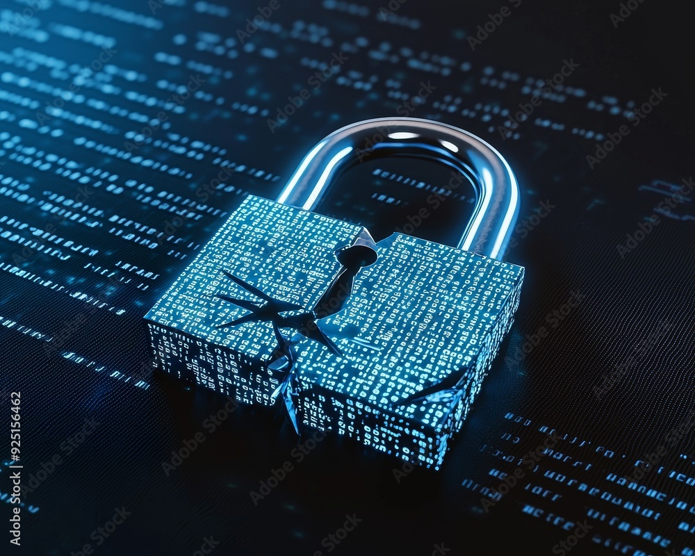 Poster a digital padlock with a broken shackle symbolizes cybersecurity vulnerabilities and the need for ro