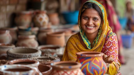 A skilled artisan smiles brightly as she presents her colorful pottery, surrounded by various handmade clay pots in a lively market atmosphere