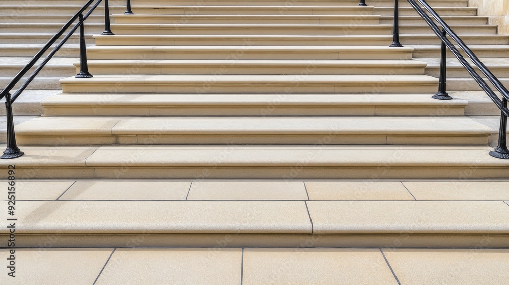 Poster modern abstract gray concrete stairs with a black handrail creating dynamic shadows on a sunny day