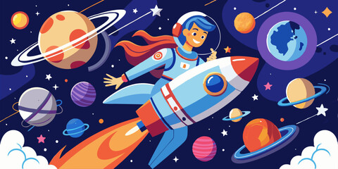 Woman astronaut inside a spaceship leaves the orbit of the planet Earth and goes on a space journey. Conquest and exploration of space
