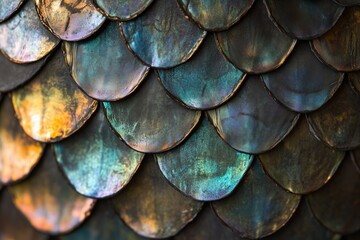 Close-up view of vibrant metallic fish scales showcasing intricate textures and colors