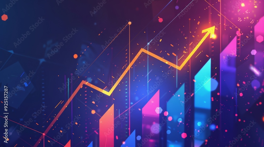 Poster Animation of a business infographics with rising arrows and bar stats symbolizing growth and success, with glitch and noise digital effects