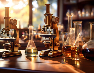 Vintage brass microscopes and colorful test tubes on wood