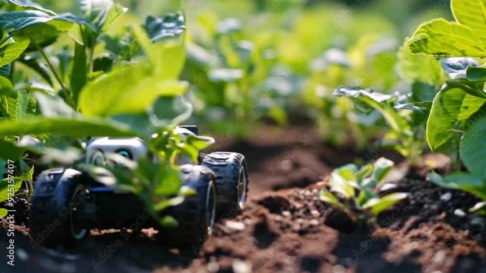 Poster a small robot navigates between leafy greens in a garden, efficiently tending to the plants under su