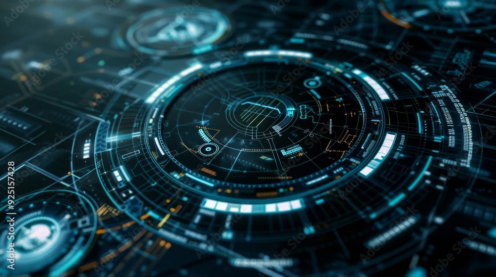 Poster A circle shaped head up display interface target pointer for a futuristic cyber technology concept that incorporates a dark and grainy texture