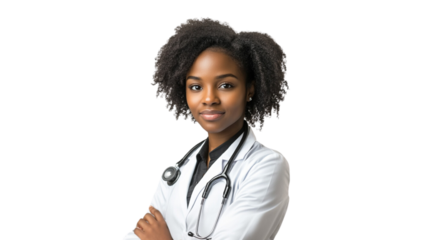 Portrait of a young African American female doctor on transparent background