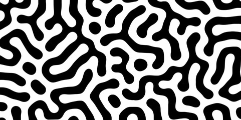 Abstract Turing organic wallpaper with background. Turing reaction diffusion monochrome seamless pattern with chaotic motion. Natural seamless line pattern. Linear design with biological shapes.