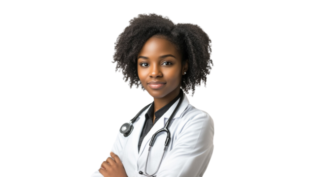 Portrait of a young African American female doctor on transparent background