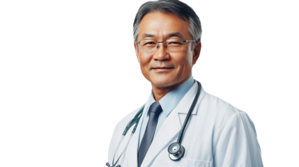 Portrait of a senior Asian male doctor on transparent background.